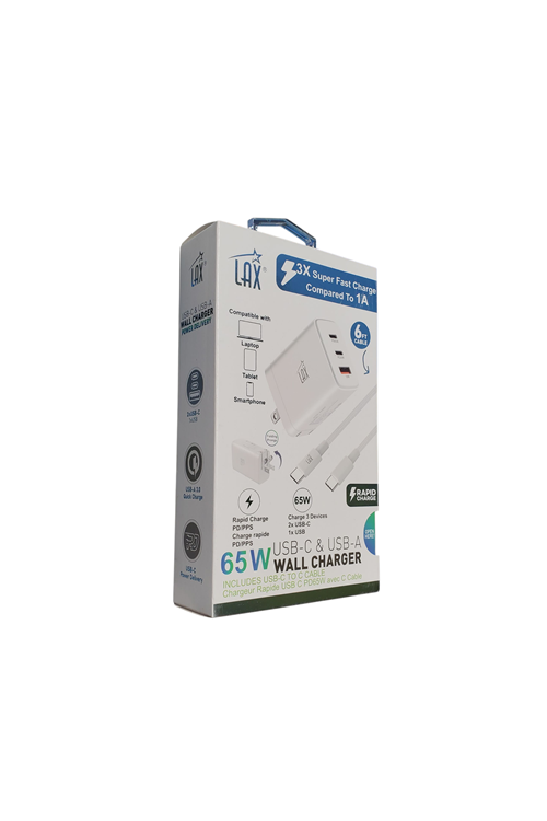LAX 65W Dual PD and USB Wall Charger with C to C Cable Rapid Charging PD65C3A