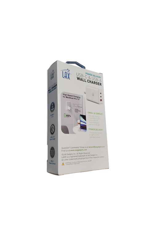 LAX 65W Dual PD and USB Wall Charger with C to C Cable Rapid Charging PD65C3A