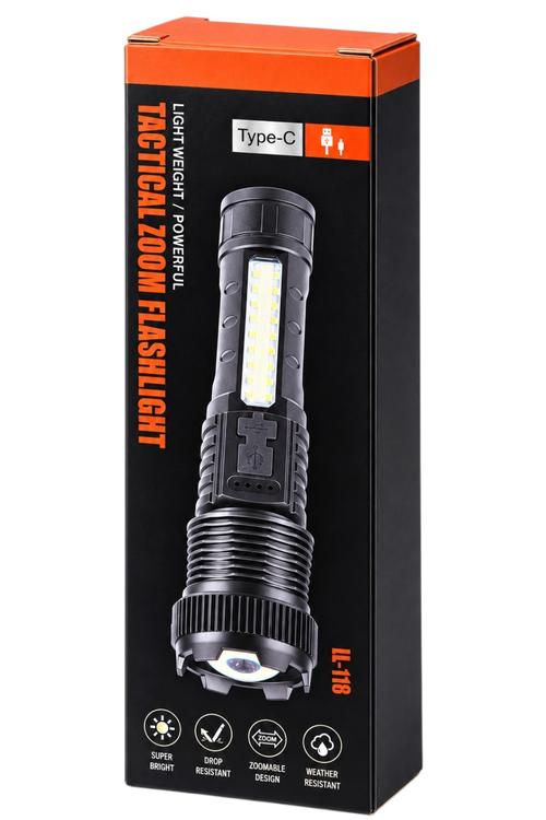 Lightweight and Powerful Tactical LED Flashlight with Adjustable Zoom and Side Work Light LL118