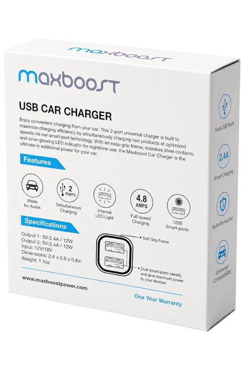 Maxboost Dual-Port USB Car Charger, 2.4A Smart Charging X000KCN37B