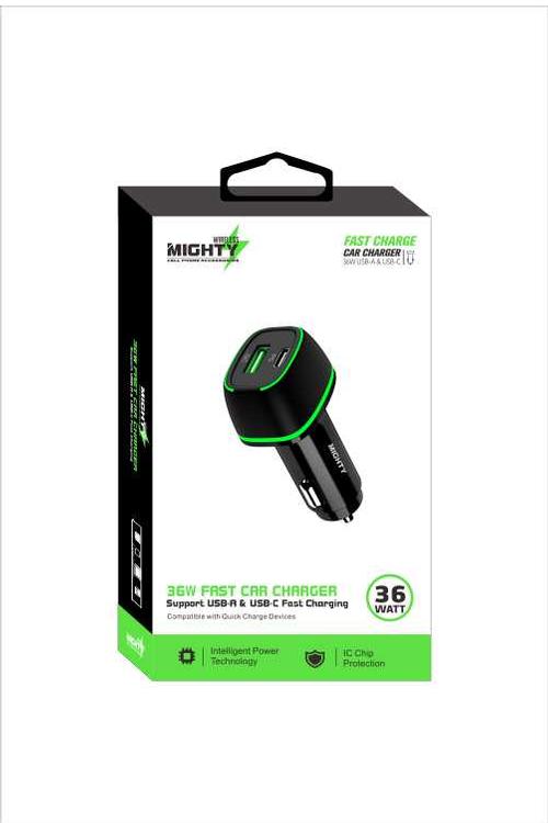 Mighty Fast Charging 36W PD Car Charger with USB Port Black MK32
