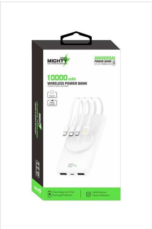 Mighty 10000mAh 4 in 1 Cable Wireless Charging Power Bank White MK109 