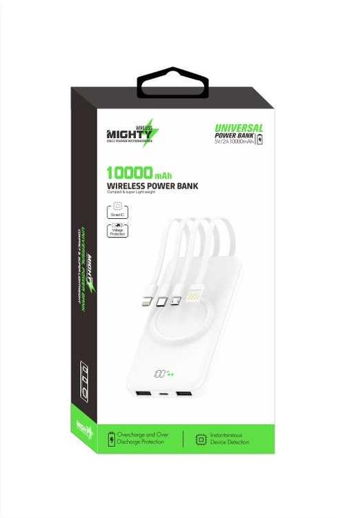 Mighty 10000mAh 4 in 1 Cable Wireless Charging Power Bank White MK109 