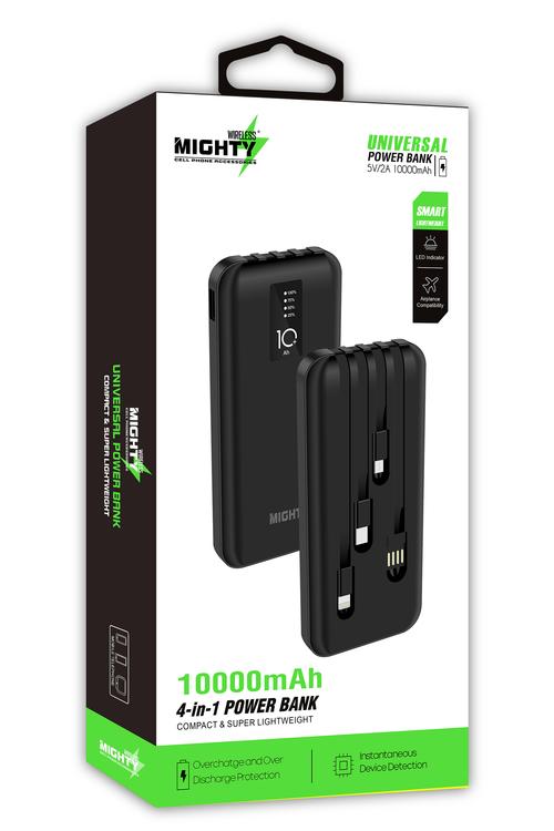 Mighty 10,000mAh Power Bank with 4 Cables Black MW602