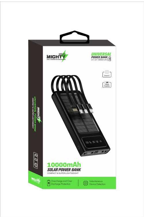 Mighty 10000mAh Solar Power Bank with 4 Cables Black YM307