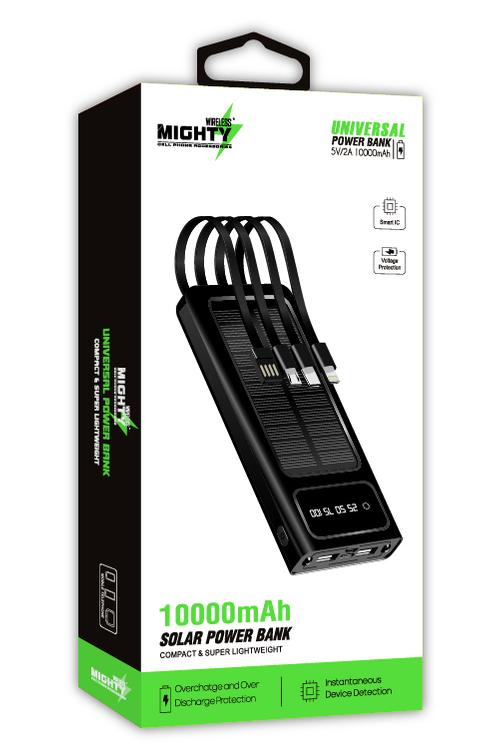 Mighty 10000mAh Solar Power Bank with 4 Cables Black YM307