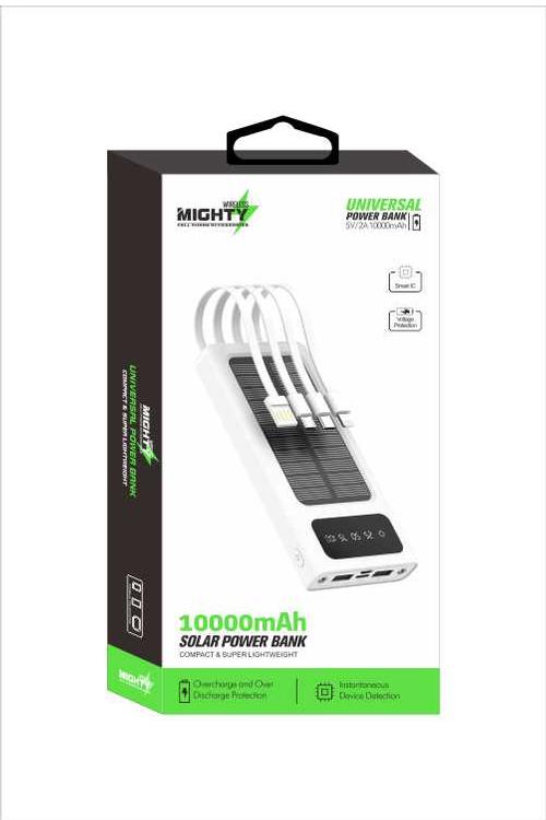 Mighty 10,000mAh Solar Power Bank with 4 Cables White MK106