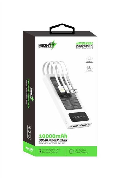 Mighty 10,000mAh Solar Power Bank with 4 Cables White MK106