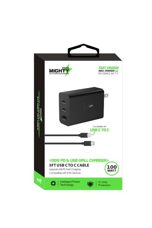 Mighty 100W Dual PD USB Wall Charger and 5FT C to C Cable Black MK170