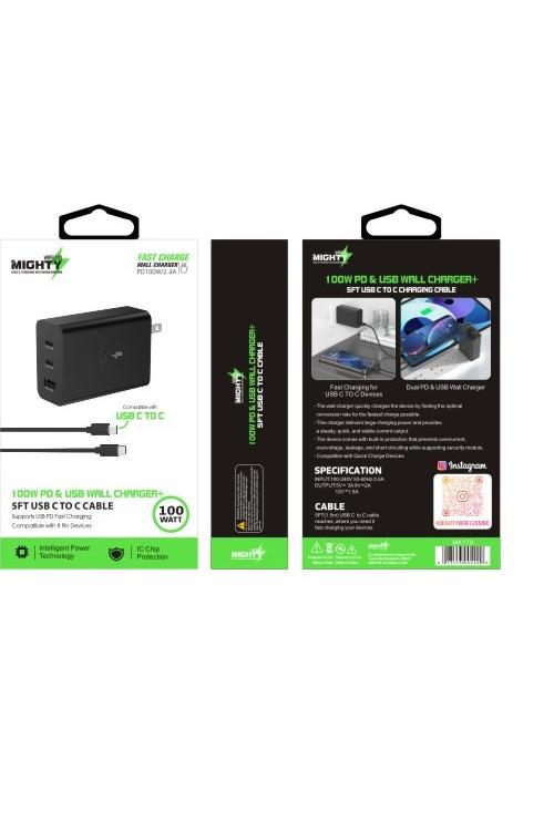 Mighty 100W Dual PD USB Wall Charger and 5FT C to C Cable Black MK170