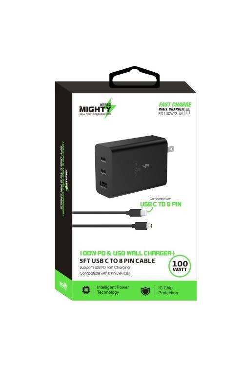 Mighty 100W Dual PD USB Wall Charger and 5FT PD Cable Black MK171