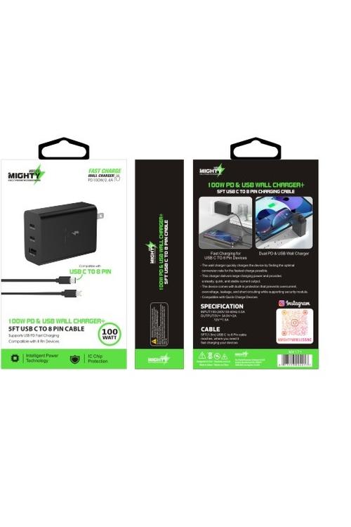 Mighty 100W Dual PD USB Wall Charger and 5FT PD Cable Black MK171