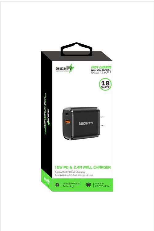 Mighty 18W Wall Charger with PD and USB Ports Black MK09