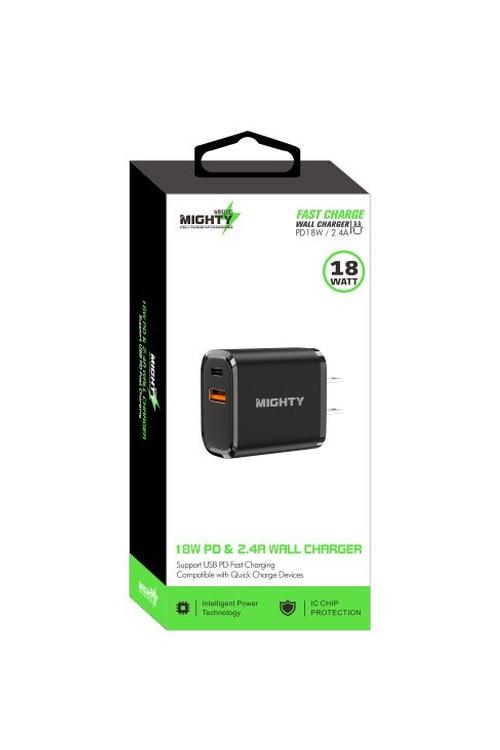 Mighty 18W Wall Charger with PD and USB Ports Black MK09