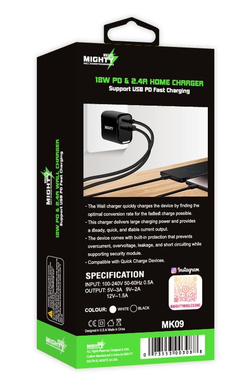 Mighty 18W Wall Charger with PD and USB Ports Black MK09