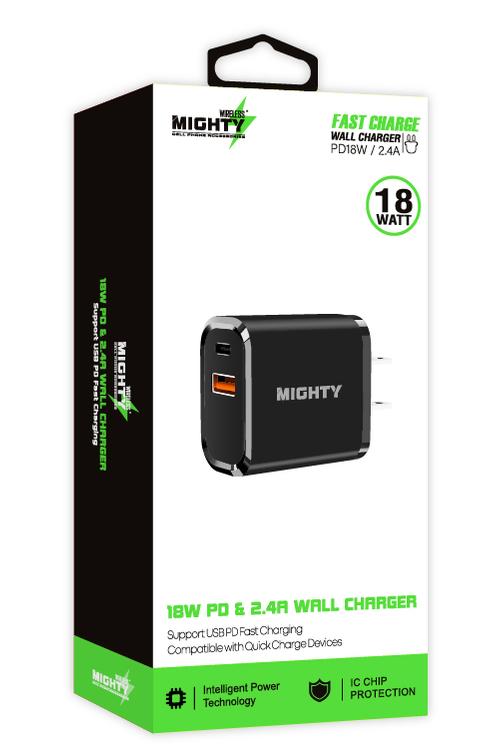 Mighty 18W Wall Charger with PD and USB Ports Black MK09