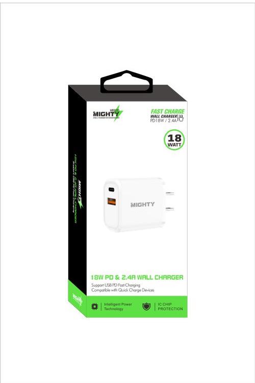 Mighty 18W Wall Charger with PD and USB Ports White MK10