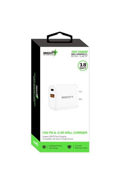 Mighty 18W Wall Charger with PD and USB Ports White MK10