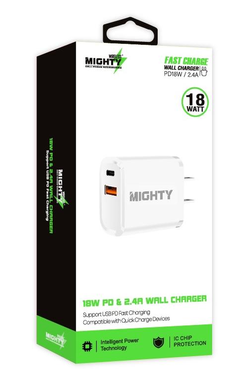 Mighty 18W Wall Charger with PD and USB Ports White MK10