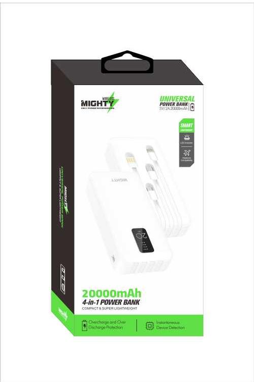Mighty 20,000mAh 4 Cables in 1 Power Bank White MK112