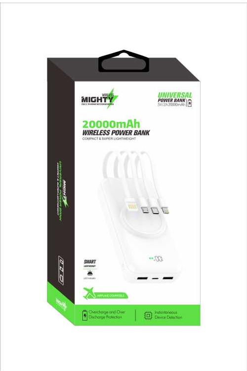 Mighty 20,000mAh 4 in 1 Cable Wireless Charging Power Bank White MK110 