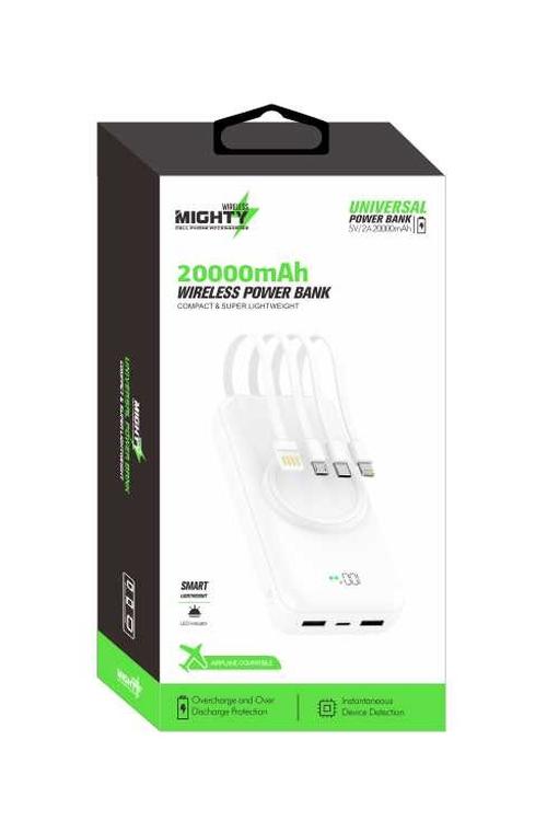Mighty 20,000mAh 4 in 1 Cable Wireless Charging Power Bank White MK110 