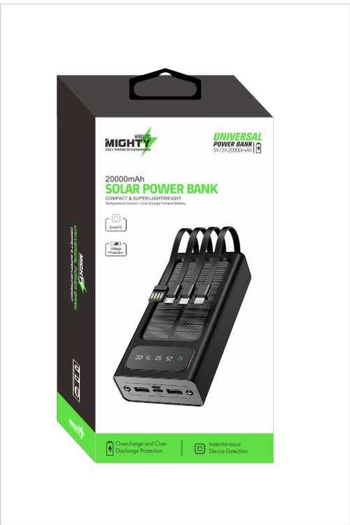 Mighty 20,000mAh Solar Power Bank with 4 Cables Black YM308