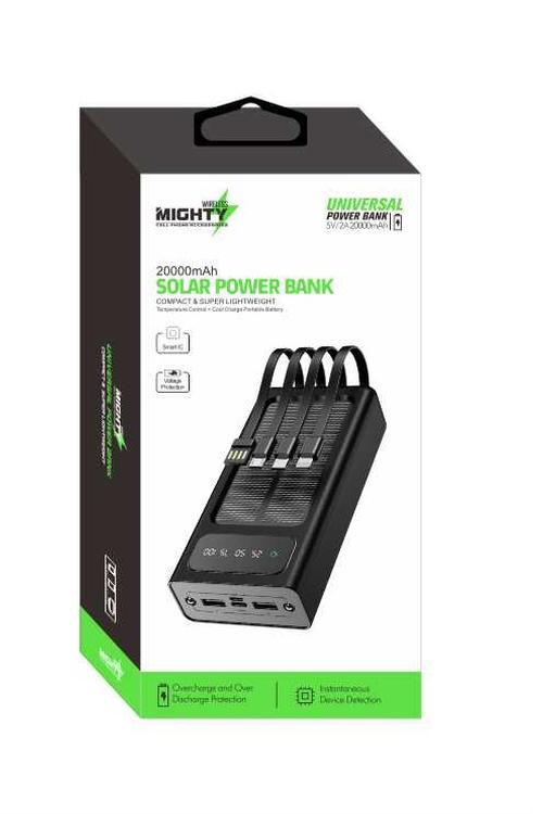 Mighty 20,000mAh Solar Power Bank with 4 Cables Black YM308