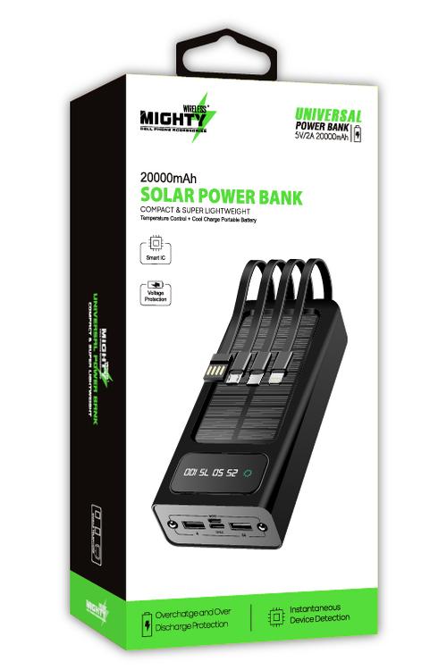 Mighty 20,000mAh Solar Power Bank with 4 Cables Black YM308