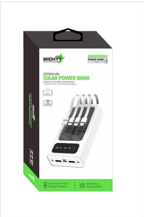 Mighty 20,000mAh Solar Power Bank with 4 Cables White MK107