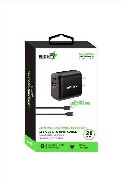 Mighty 20W Fast Charging PD + 2.4A USB Wall Charger and 5FT C to 8 Pin Cable Combo Black MK169