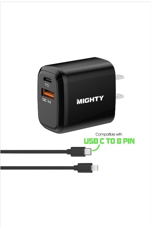 Mighty 20W Fast Charging PD + 2.4A USB Wall Charger and 5FT C to 8 Pin Cable Combo Black MK169