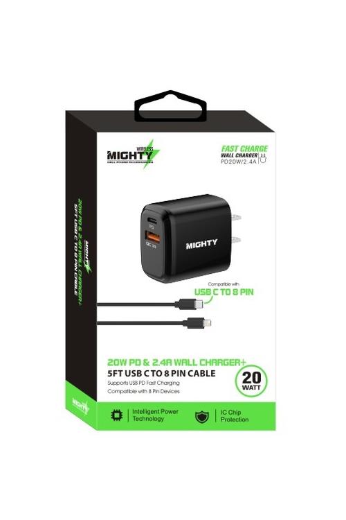 Mighty 20W Fast Charging PD + 2.4A USB Wall Charger and 5FT C to 8 Pin Cable Combo Black MK169