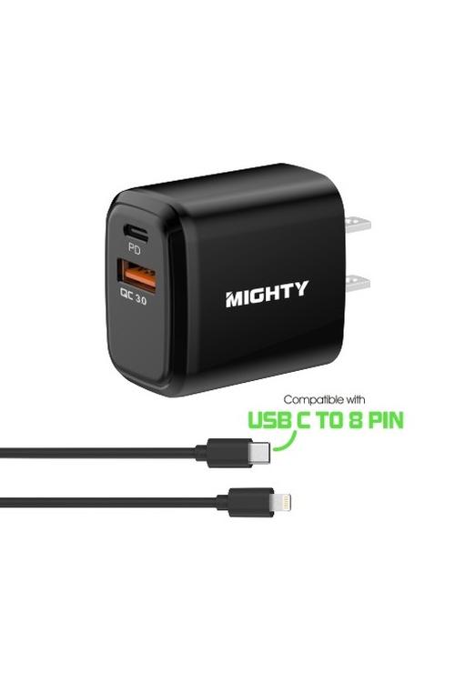 Mighty 20W Fast Charging PD + 2.4A USB Wall Charger and 5FT C to 8 Pin Cable Combo Black MK169