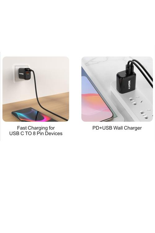 Mighty 20W Fast Charging PD + 2.4A USB Wall Charger and 5FT C to 8 Pin Cable Combo Black MK169