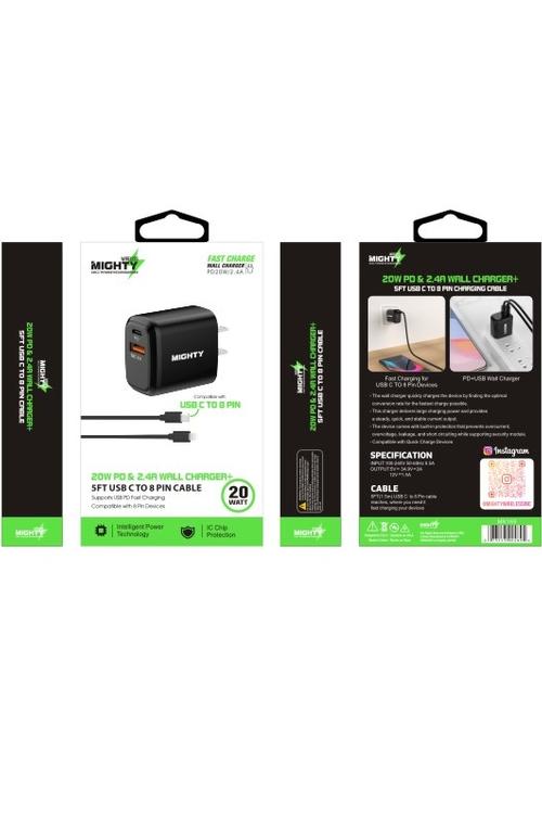 Mighty 20W Fast Charging PD + 2.4A USB Wall Charger and 5FT C to 8 Pin Cable Combo Black MK169