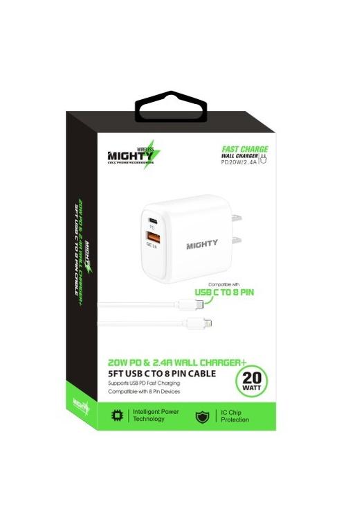 Mighty 20W Fast Charging PD + 2.4A USB Wall Charger and 5FT C to 8 Pin Cable Combo White MK168