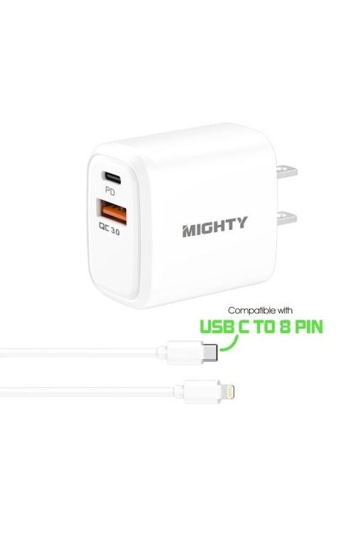 Mighty 20W Fast Charging PD + 2.4A USB Wall Charger and 5FT C to 8 Pin Cable Combo White MK168