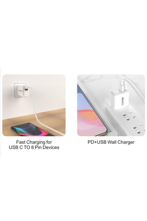 Mighty 20W Fast Charging PD + 2.4A USB Wall Charger and 5FT C to 8 Pin Cable Combo White MK168