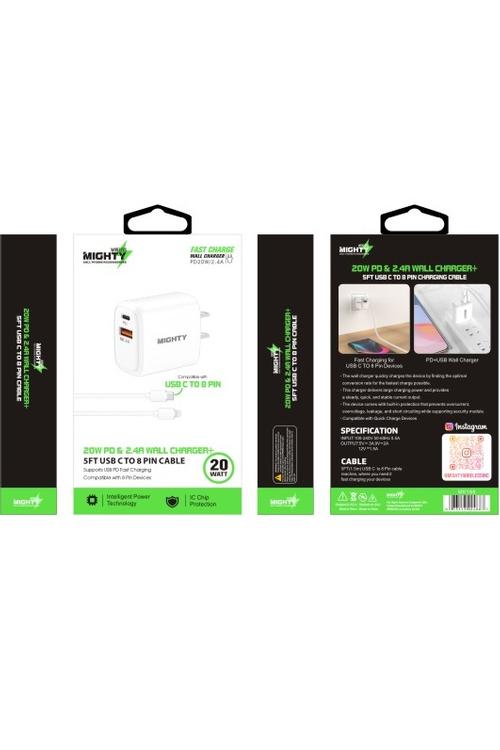 Mighty 20W Fast Charging PD + 2.4A USB Wall Charger and 5FT C to 8 Pin Cable Combo White MK168
