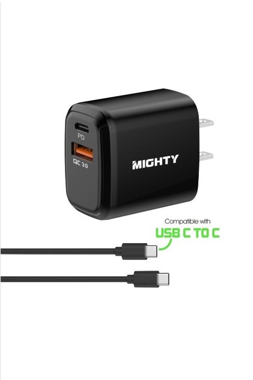 Mighty 20W Fast Charging PD + 2.4A USB Wall Charger and 5FT C to C Cable Combo Black MK167
