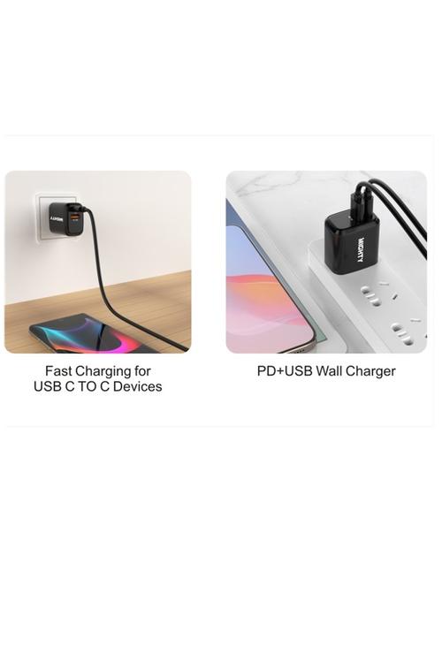 Mighty 20W Fast Charging PD + 2.4A USB Wall Charger and 5FT C to C Cable Combo Black MK167