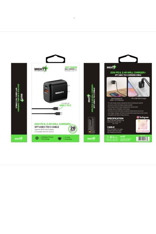 Mighty 20W Fast Charging PD + 2.4A USB Wall Charger and 5FT C to C Cable Combo Black MK167