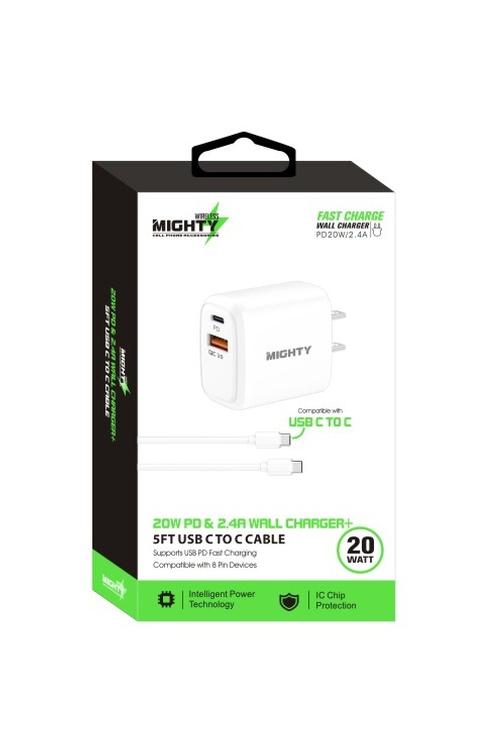 Mighty 20W Fast Charging PD + 2.4A USB Wall Charger and 5FT C to C Cable Combo White MK166