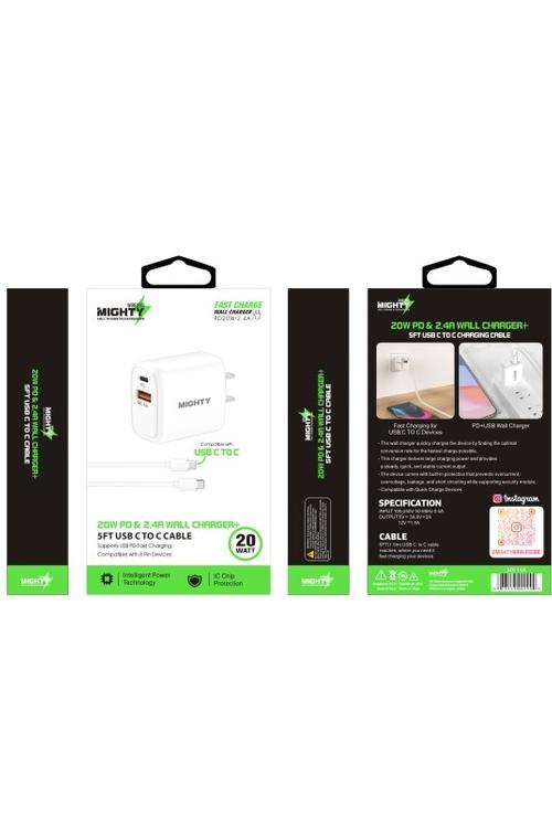 Mighty 20W Fast Charging PD + 2.4A USB Wall Charger and 5FT C to C Cable Combo White MK166