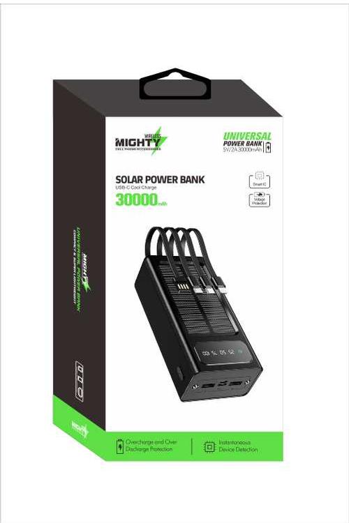 Mighty 30,000mAh Solar Power Bank with 4 Cables Black YM309