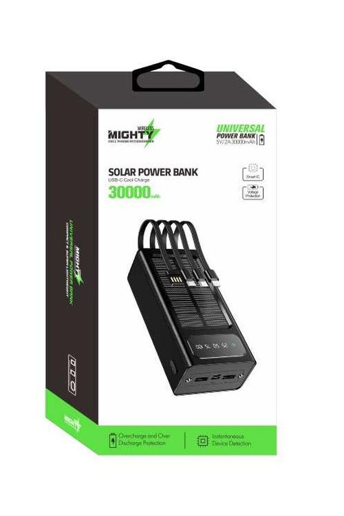 Mighty 30,000mAh Solar Power Bank with 4 Cables Black YM309