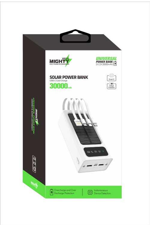 Mighty 30,000mAh Solar Power Bank with 4 Cables White MK108