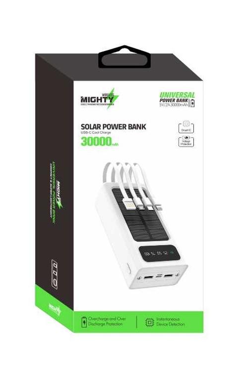 Mighty 30,000mAh Solar Power Bank with 4 Cables White MK108