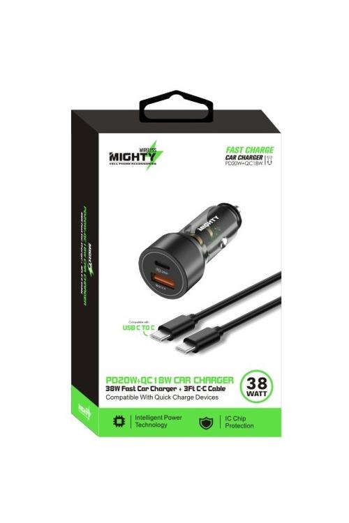 Mighty 38W Chrome Fast PD USB Car Charger and 3FT C to C Cable Black MK164